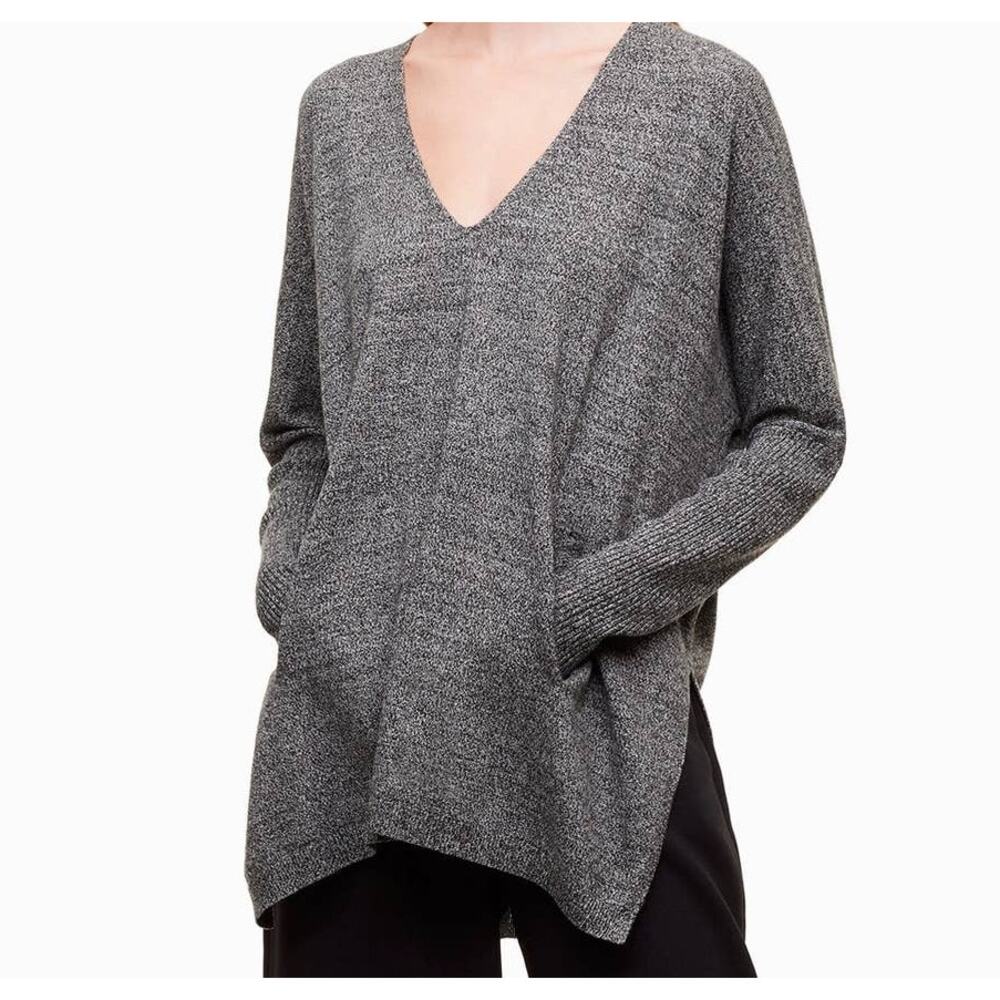 Aritzia Babaton Baylor Oversized V-Neck Tunic Sweater S‎ M Wool Marled Knit Gray
